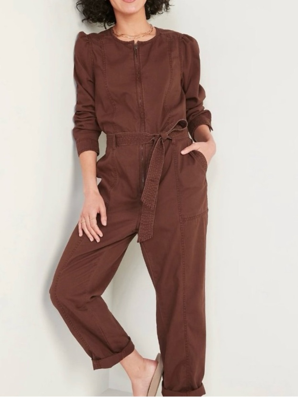 Old Navy Long-Sleeve Zip-Front Cropped Utility Jumpsuit Large Brown NWT